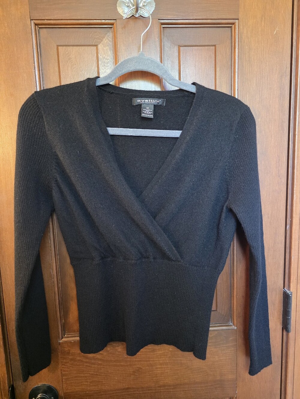 Avellini Black Wrap-Style Sweater 100% Ital Merino Wool Size Med, Fits Like Sm